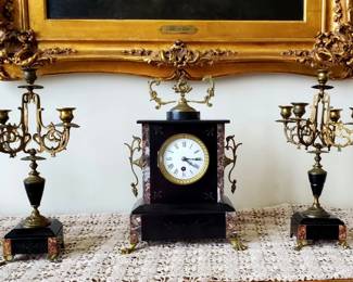 Antique Marble clock and matching Candelabras 