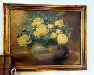 Beautiful early 1900's Oil painting yellow roses in a possibly Pewabic Pot, unsigned