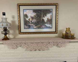 Antique oil lamp; framed art; antique glassware