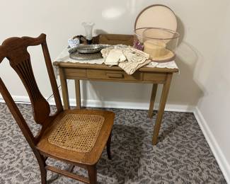 Antique oak chair; small desk; antique linens; vanity mirrors; lamps, etc.
