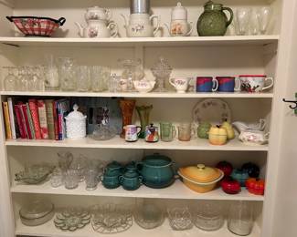 Assorted glassware, ceramics, cookbooks, etc.