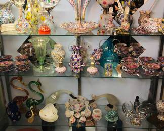 A selection of over 200 pieces of Vintage Venetian Murano Millefiori Murrine, Fratelli Toso etc. glass. Lamps, vases, bottles, animal figures etc.