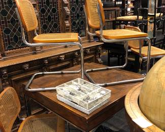 Chrome base, oak parquet top table with pull out ends & 4 Stendig Breuer chairs