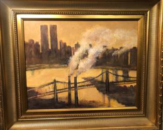 Matthew Albert Miles: American impressionist, oil painting on canvas, New York City with the World Trade Center Twin Towers & Hudson River