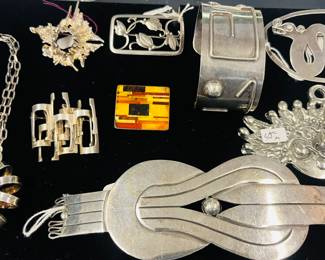 Modernist silver jewelry pieces including: Rey Urban, Jensen, Carmen Beckmann