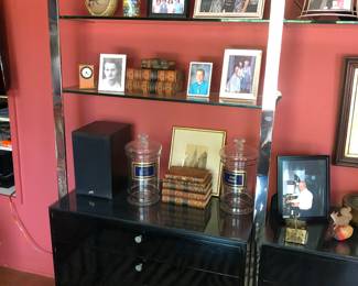 Pace chrome/glass/wood & acrylic shelving wall unit pictured in situ