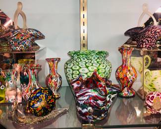 A selection of over 200 pieces of Vintage Venetian Murano Millefiori Murrine, Fratelli Toso etc. glass. Lamps, vases, bottles, animal figures etc.