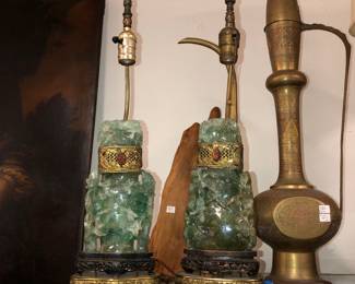 Wonderful pair of Chinese antique green quartz lamps
