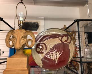 Terra cotta ram lamp, large ceramic charger