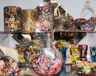 A selection of over 200 pieces of Vintage Venetian Murano Millefiori Murrine, Fratelli Toso etc. glass. Lamps, vases, bottles, animal figures etc.