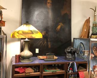 Large 18th or 19th c. oil painting of a gentleman. Reverse painted lamp, panther bronze