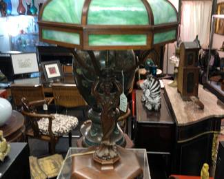 Art Nouveau wood carved lamp (shade has 1 cracked panel) repair to wood support arm
