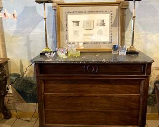 Marble top (green) mahogany dresser, 1880's. Modified Empire style. Pair of lovely tall lamps with black gold-lined shades.