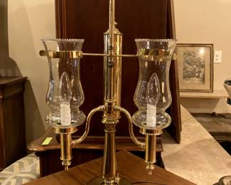 Lovely Colonial brass lamp with hurricanes