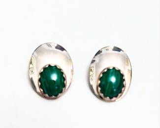 Sterling Silver and Malachi Clip-On Earrings