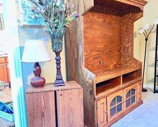 TV console, DVD Storage Cabinet, lamp and silk flower arrangement 