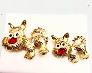 Vintage 1960s GERRY'S Pair of Terrier Dog Brooches with Red Cabochon Nose and White and Black Enamel Eyes Scatter Brooches