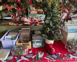 Holiday CDs, DVDs and decorations.