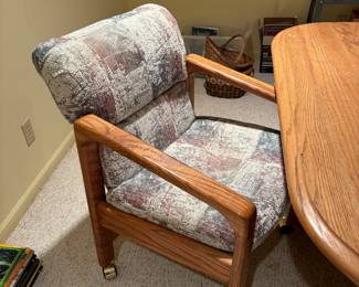 Set of six upholstered chairs and oak on castors