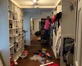 Large walk-in closets filled with ladies clothing L - XL shoes 9.5 and several purses