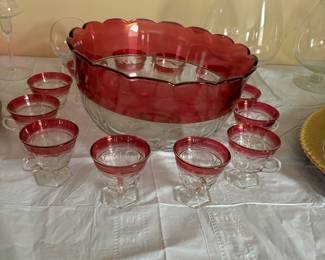 Ruby Red Indiana Glass Thumbprint punch bowl set with box