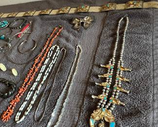Awesome & marked solid sterling silver with gold  embellishments & mother of pearl, turquoise & jet squash blossom necklace! And check out the matching belt! Also solid artisan sterling with turquoise & coral! 