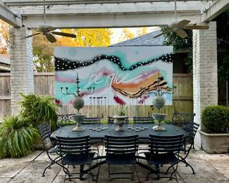 Brown Jordan Iron Dining Table, Pair of Zinc Outdoor Candelabra, "Be Nice" Painting on Metal