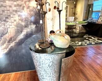 Steel & Glass Industrial Table, Larry Whiteley Candle stands and Patricia Garrett Lidded Squash Dish