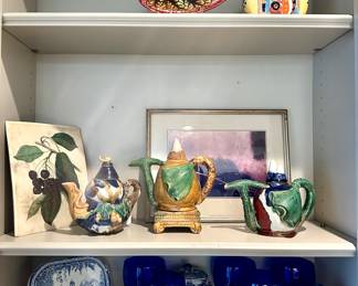 Majolica, Antique Blue & White transfer ware,  Los Azulejos Tequila hand painted bottle