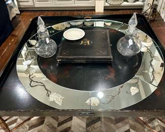 Mirrored Round Centerpiece, Antique Apothecary Jars, Antique Lacquered Box