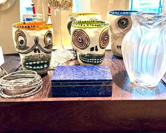 Michael Corny signed ceramic cups, Lalique vase