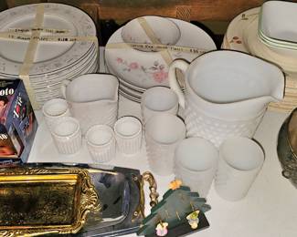 White milk glass,  English garden dishes, Spring Rose China,  silver  