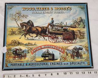 Wood, Taber and Morse's steam engines repro tin metal sign