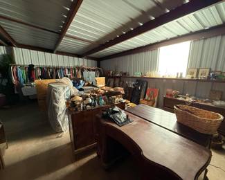 Roll Away bed, several desks, grandfather clock, victrola turntables and record players.