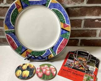 Sango Flair 4806 Dinner Plate Beer Can Chicken Roaster2 Floral Coasters