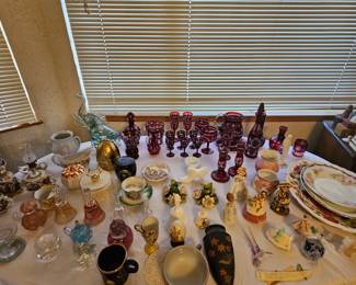 Ruby Bohemian Glass, Carnival Glass Bell, Capodimonte Cup and saucer, Glass Elephant