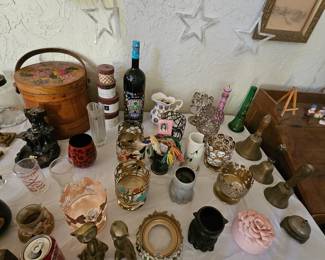 Antique Brass Bells, Ceramic Trinket Box, Candle Holders