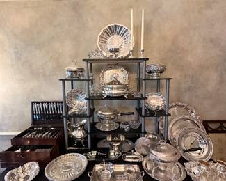 Silver dishes, bowls, plates, flatware