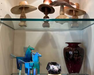 Johannes Michelson hats on stands, Newy Fagan Diochonic horses, Michael Nourot signed vase