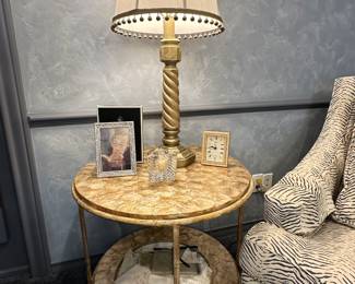 Round Capiz shell side table with metal frame