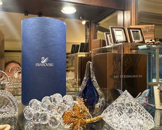 Swarovski cut crystal/gold grapes, Waterford paperweight, Orrefors blue paperweight 