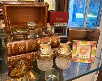 Pair of vintage brass/crystal tabletop cigarette lighters, Jay Strongwater frame, Judith Lieber for Neiman Marcus pillbox, antique French Tantalus Liquor Set (circa 1910-1920)