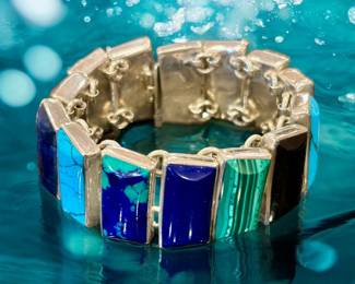 TAXCO 950 Sterling Turqoise, Sodalite, Tigers Eye, Malachite, Jasper and Onyx bracelet