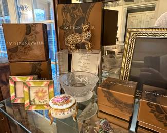 Jay Strongwater leopard and frames, Limoges pillbox, Lalique bowl