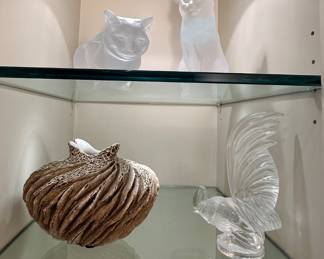 Lalique cats, rooster , Anne Goldman organic sculptural vase