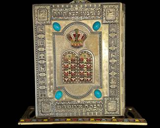 GORGEOUS Holy Scriptures in Hebrew and English bound in brass and stones on stand - Printed in Jerusalem 