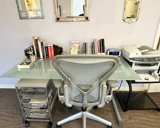 Room & Board Glass top desk , Herman Miller Aeron Ergonomic chair 