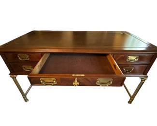 Sligh-Lowry Brass & Mahogany Leather Top Campaign Style desk 