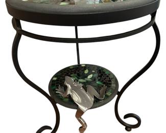 Gorgeous 2 tier mosaic tile and iron table with welded frog 
