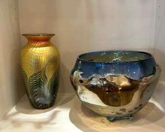 Dierk Van Keppel signed glass bowl, Lundberg Studios Moire Fern vase 